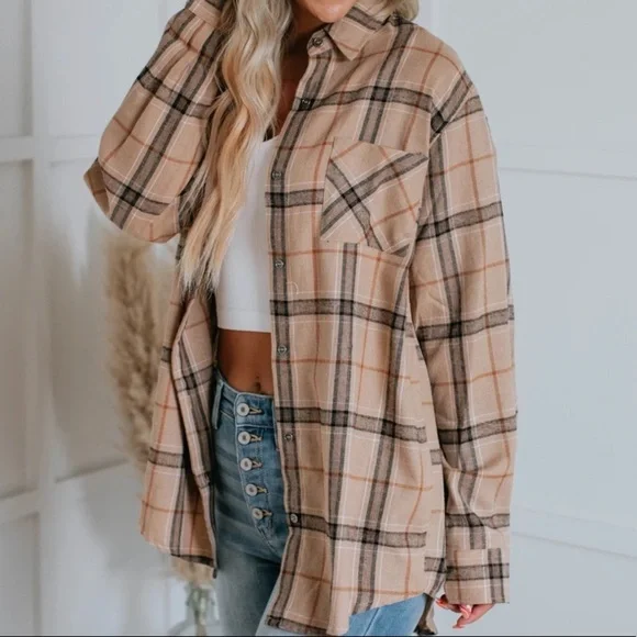 La Miel Tan Camel Plaid Button Down Flannel Small - Picture 3 of 10